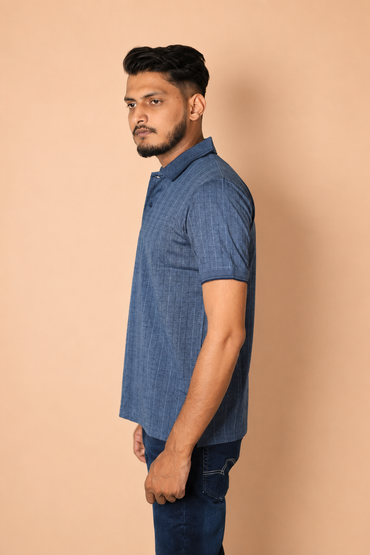 Denim blue Indigo Melange with thin grid line Jacquard Polo t-shirt