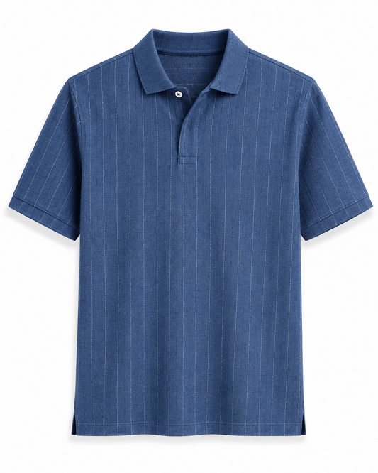 Denim blue Indigo Melange with thin grid line Jacquard Polo t-shirt