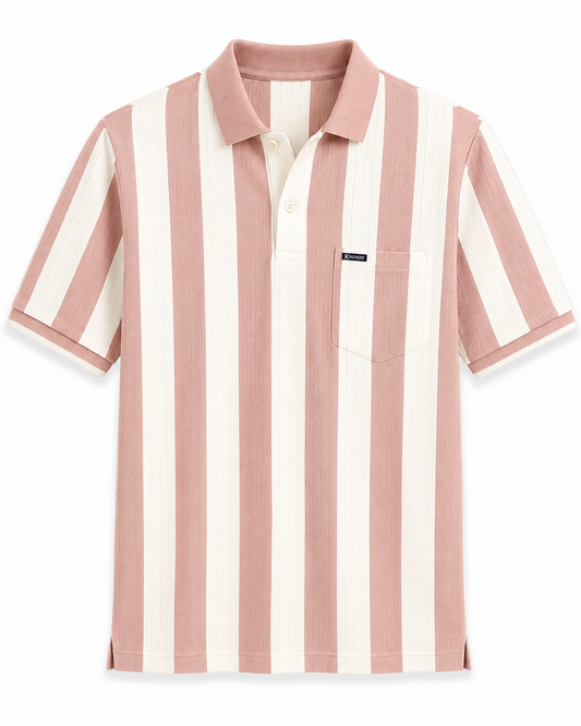 Rosy and Cream Line Pattern Polo T-Shirt
