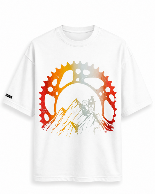 Cycle in Mountain White Printed Oversized T-Shirt