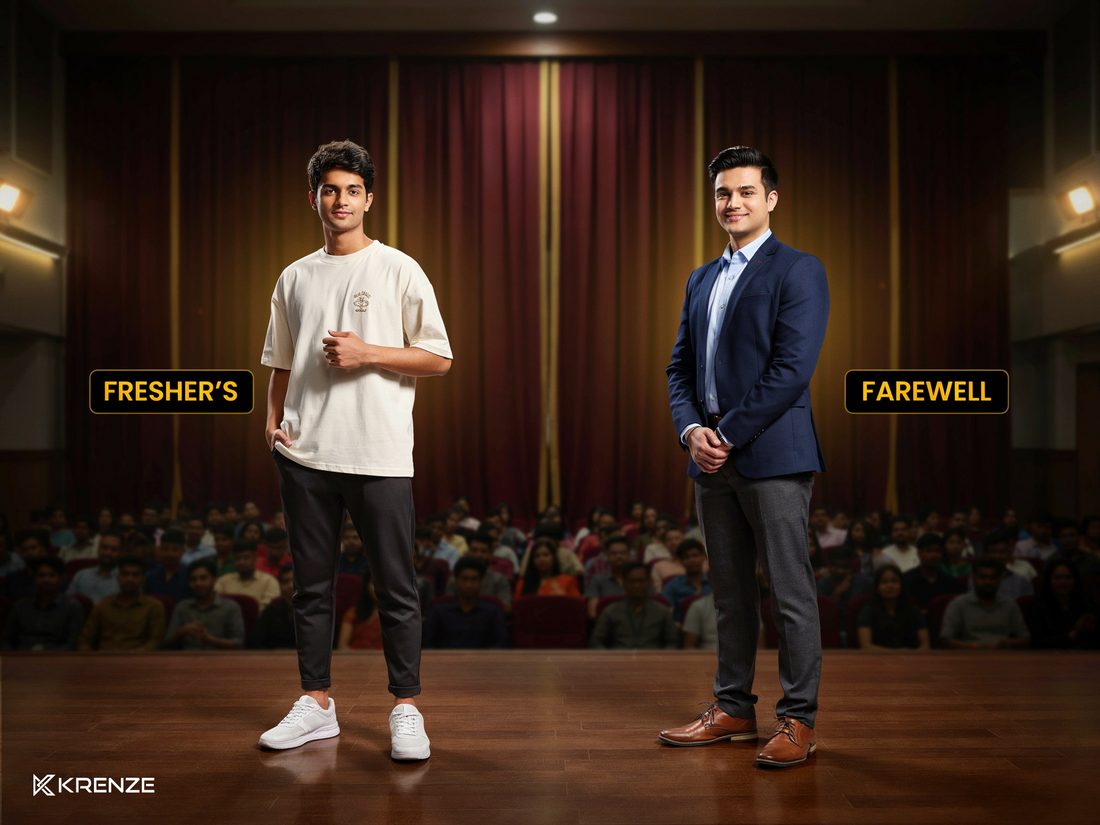 Student outfit ideas for a college fresher’s party and farewell event, showing casual and formal dressing styles.