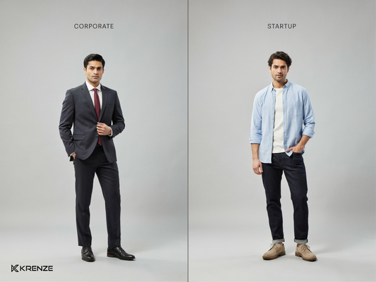 Corporate vs startup job interview attire in India showing formal business suit and smart casual startup outfit.