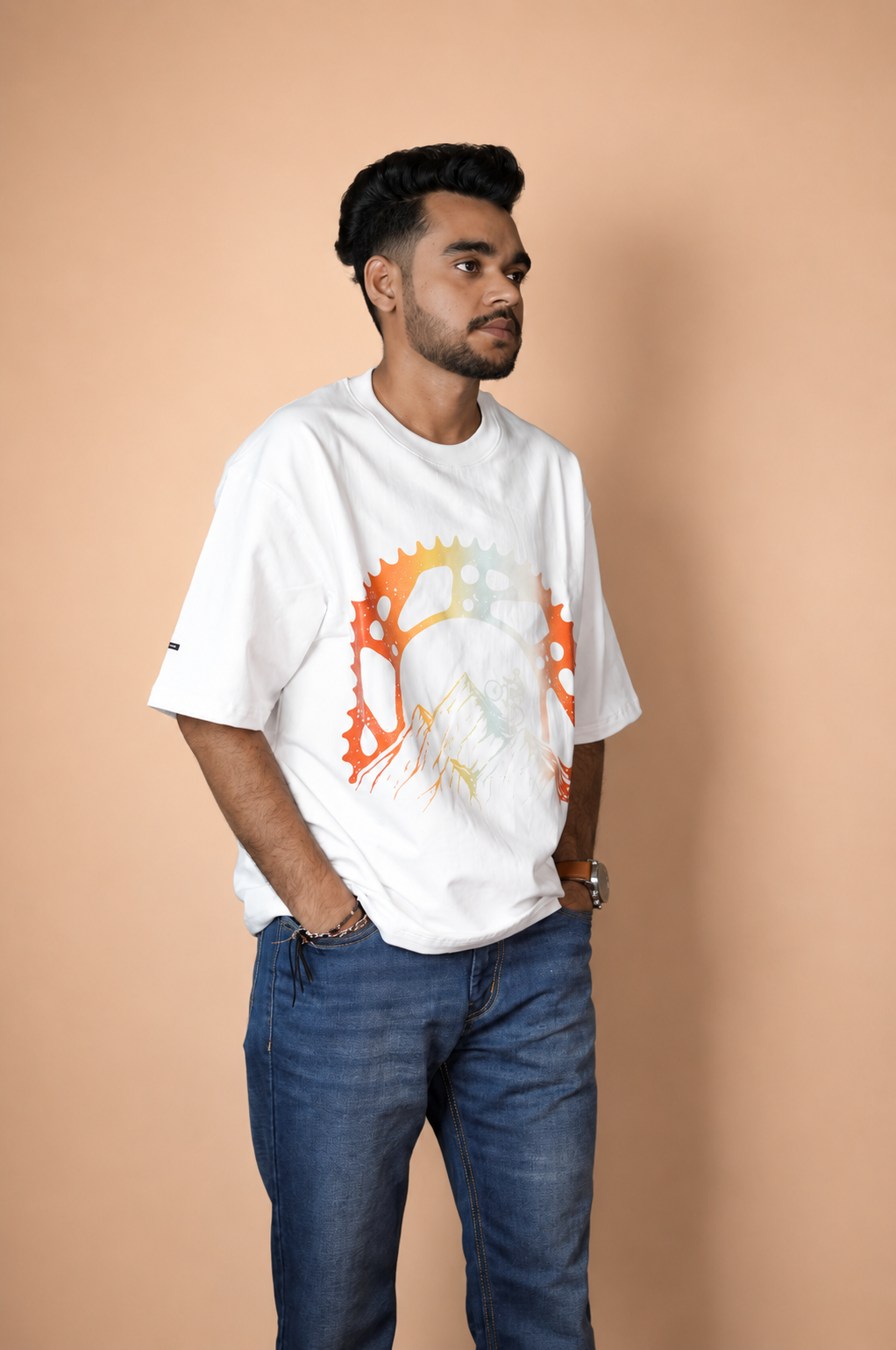 Cycles in White Printed Oversized T-Shirt