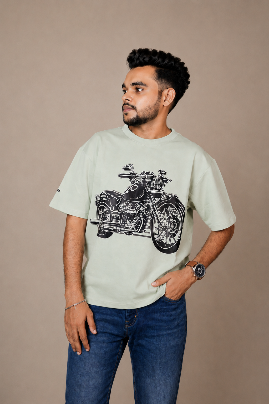 Cafe Racer Green Printed Oversized T-Shirt