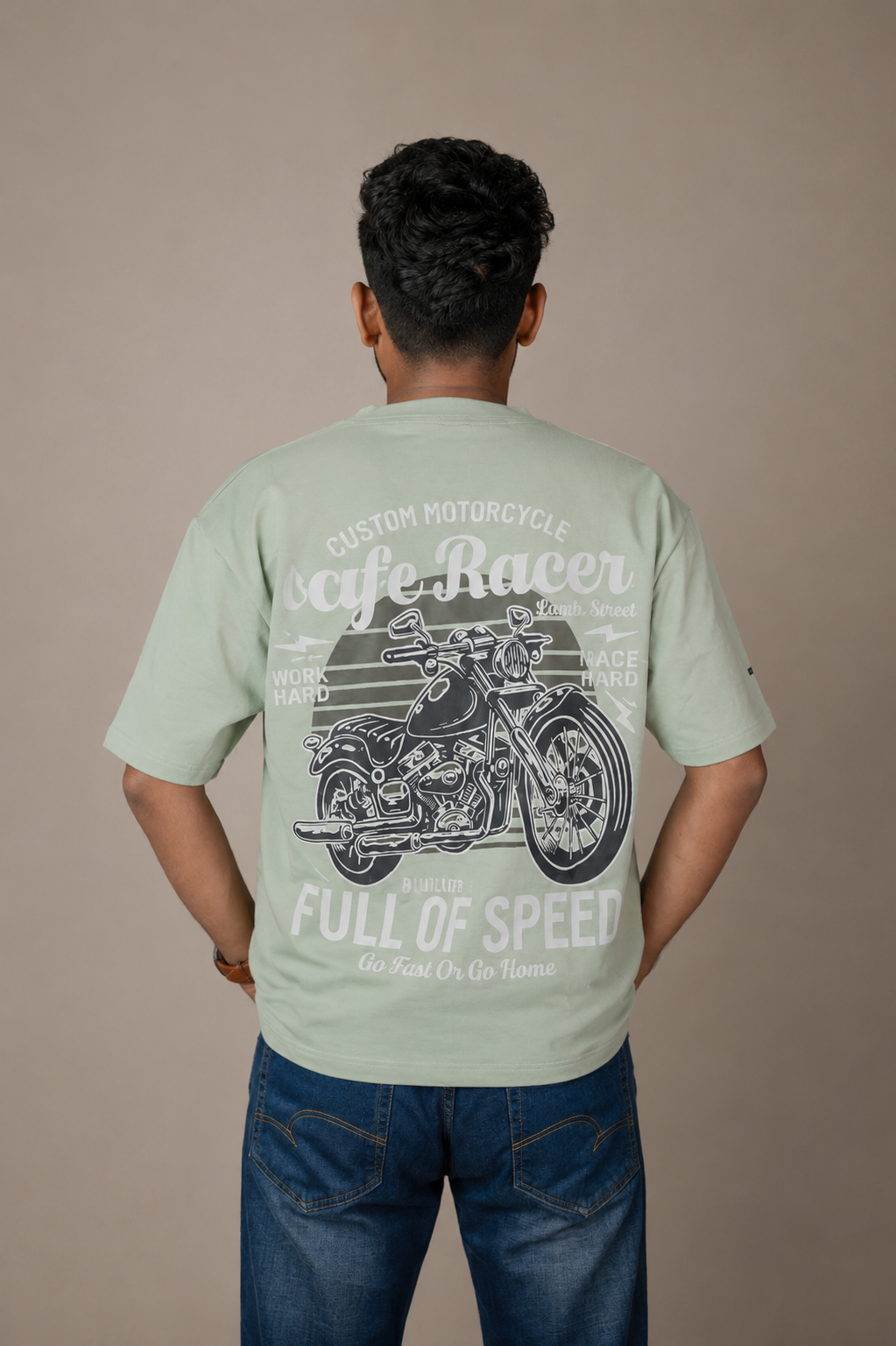 Cafe Racer Green Printed Oversized T-Shirt