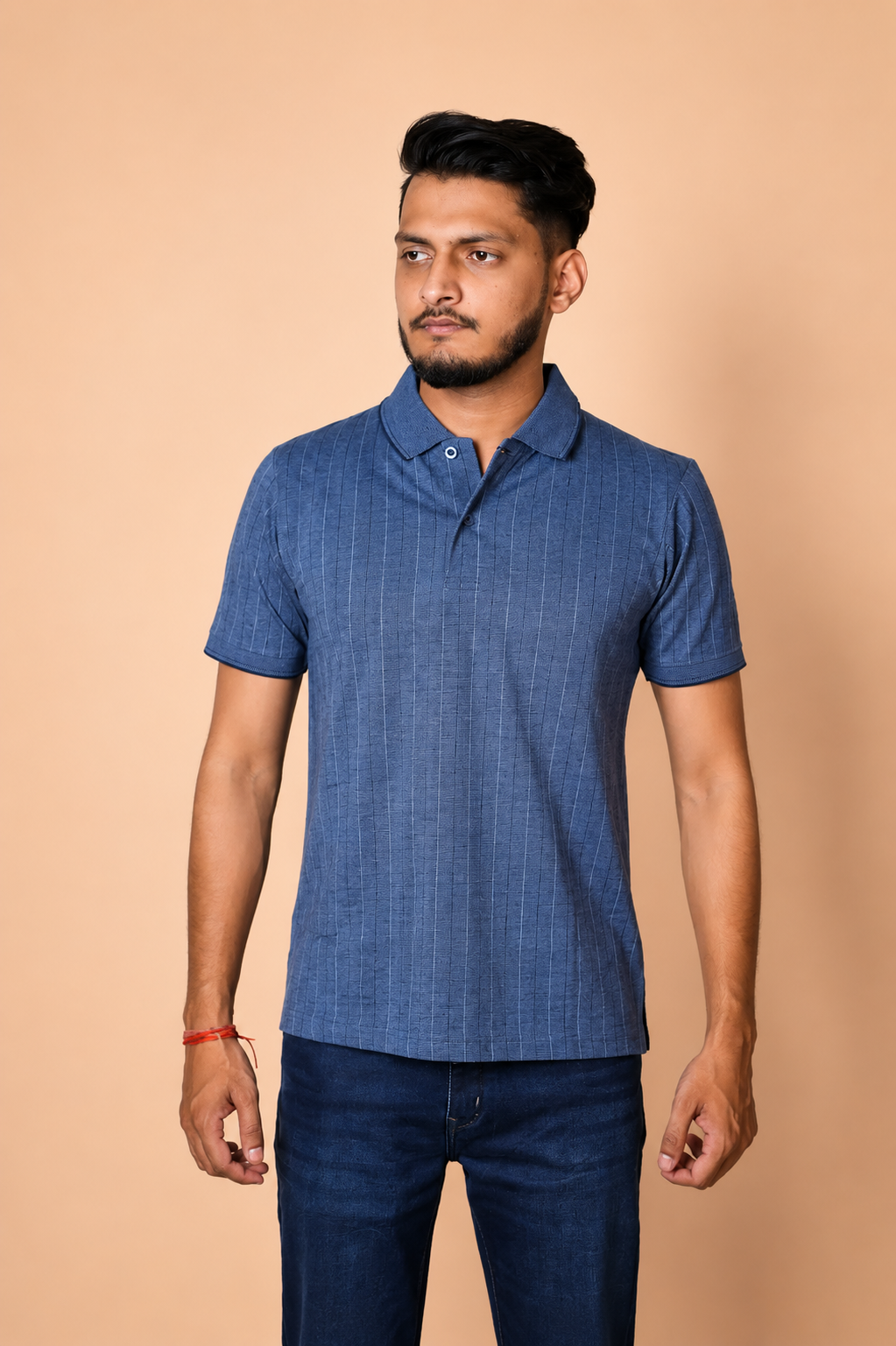 Denim blue Indigo Melange with thin grid line Jacquard Polo t-shirt