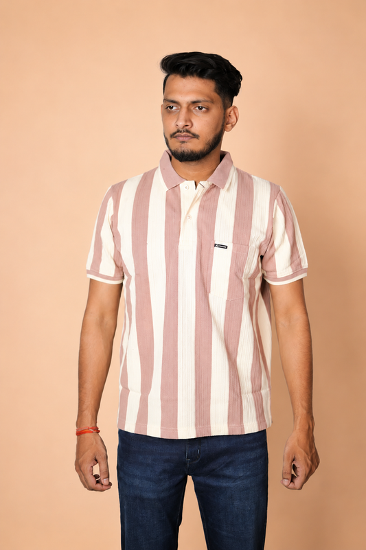 Rosy and Cream Line Pattern Polo T-Shirt
