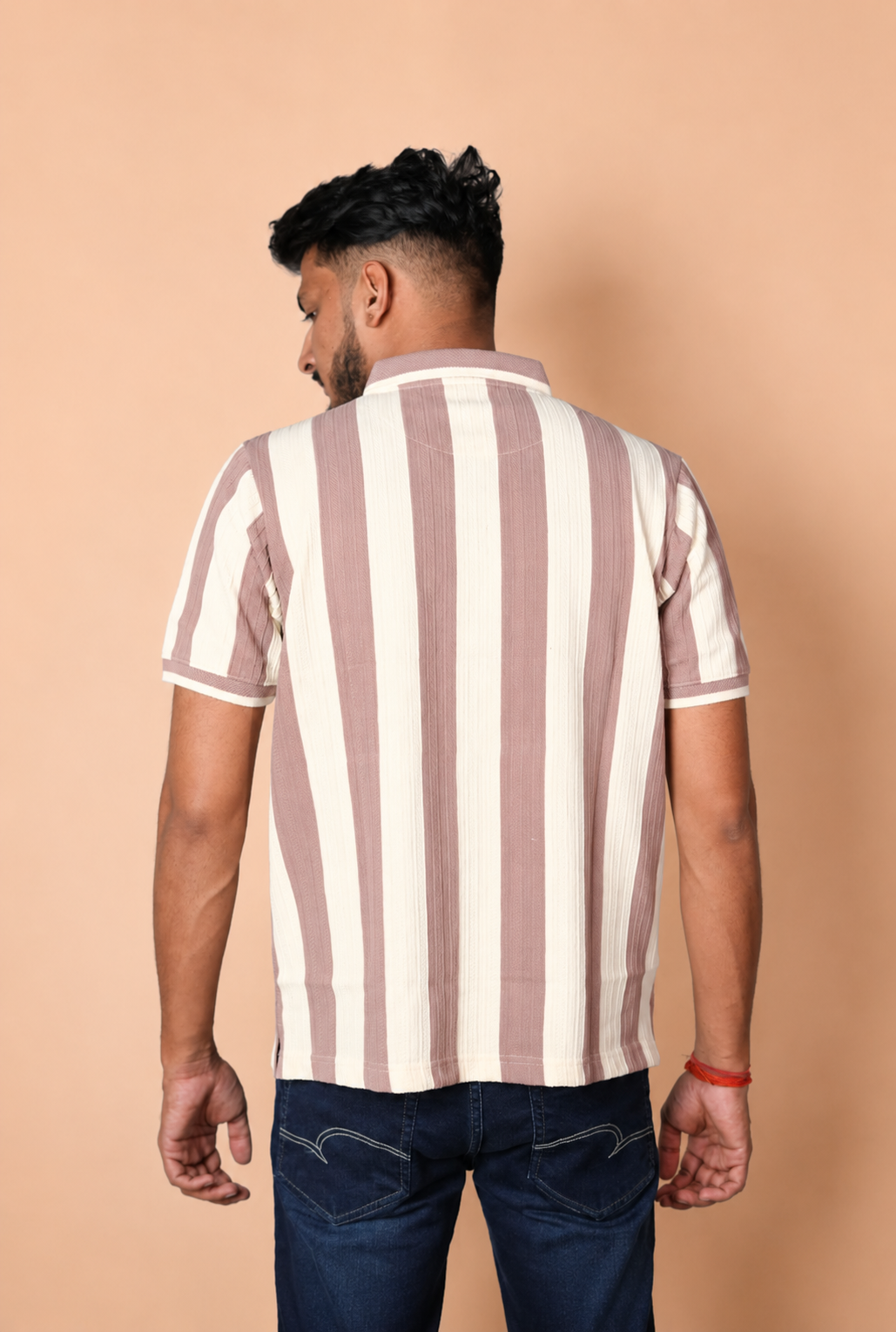 Rosy and Cream Line Pattern Polo T-Shirt