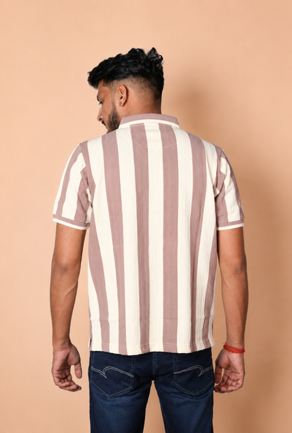 Rosy and Cream Line Pattern Polo T-Shirt