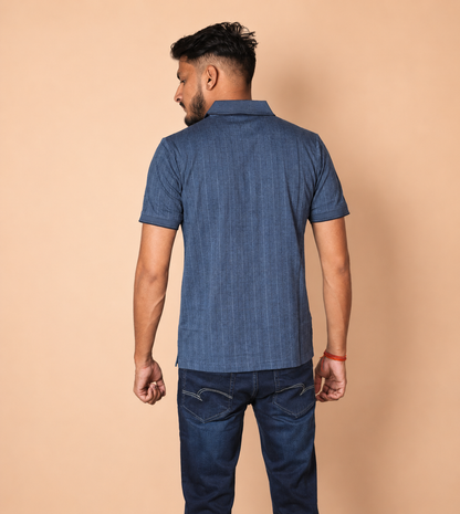 Denim blue Indigo Melange with thin grid line Jacquard Polo t-shirt