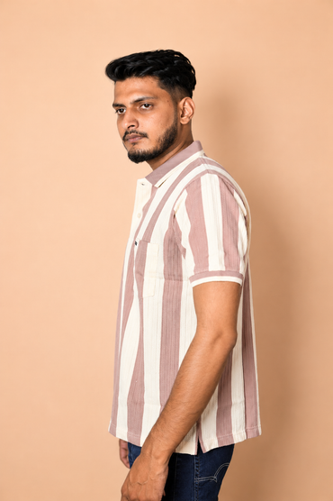 Rosy and Cream Line Pattern Polo T-Shirt