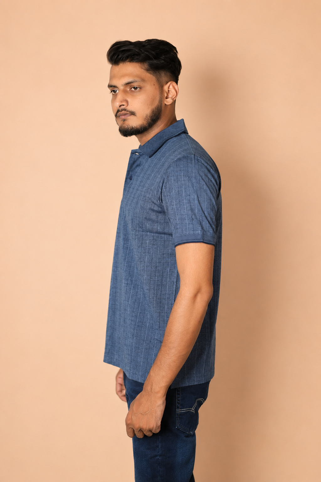Denim blue Indigo Melange with thin grid line Jacquard Polo t-shirt