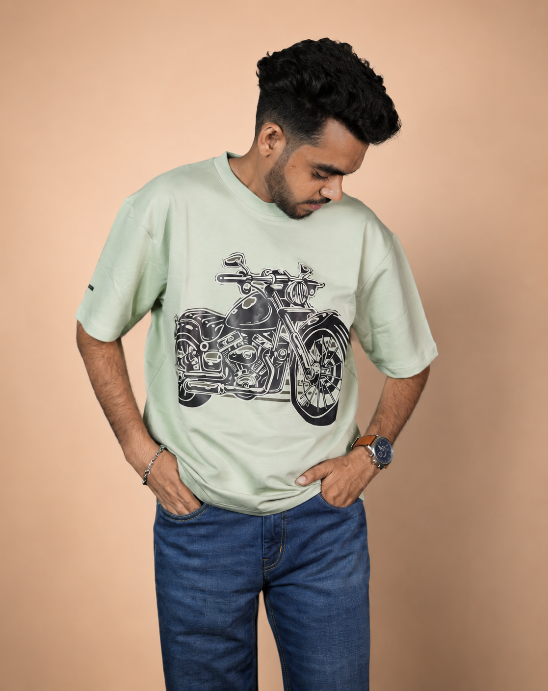 Cafe Racer Green Printed Oversized T-Shirt