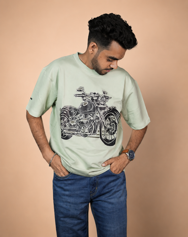 Cafe Racer Green Printed Oversized T-Shirt