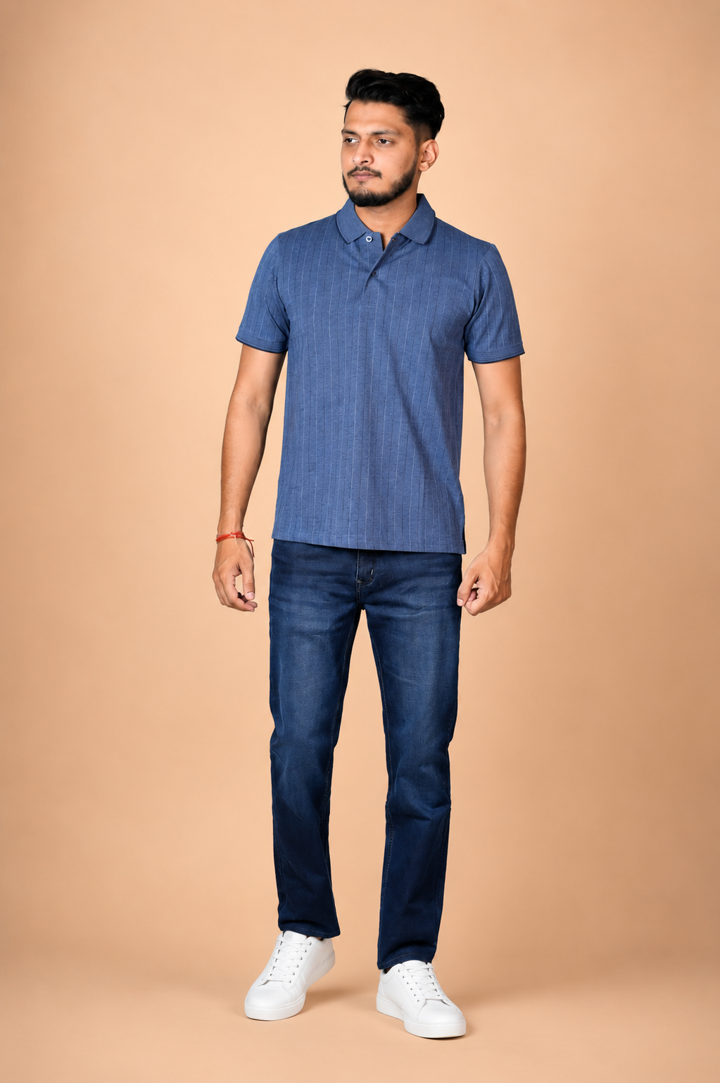 Denim blue Indigo Melange with thin grid line Jacquard Polo t-shirt