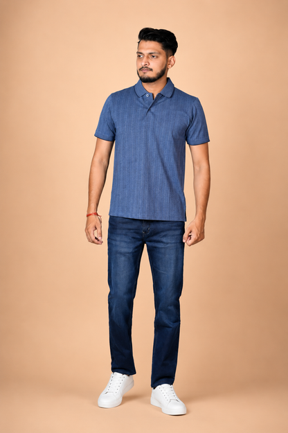 Denim blue Indigo Melange with thin grid line Jacquard Polo t-shirt