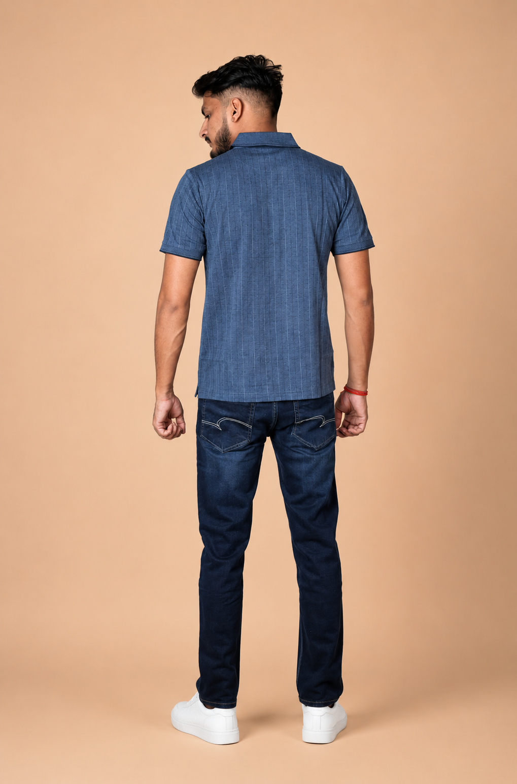 Denim blue Indigo Melange with thin grid line Jacquard Polo t-shirt