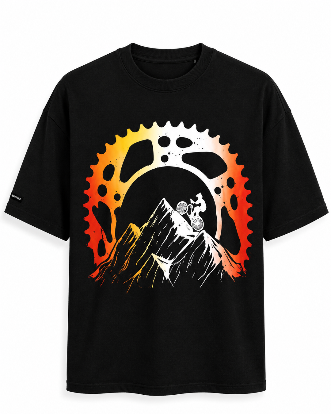 Bike on Mountain Black Printed Oversized T-Shirt