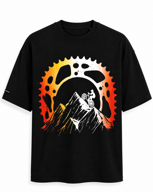 Bike on Mountain Black Printed Oversized T-Shirt