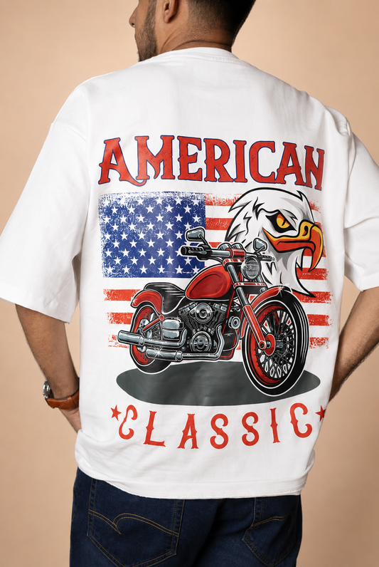 American in White Printed Oversized T-Shirt