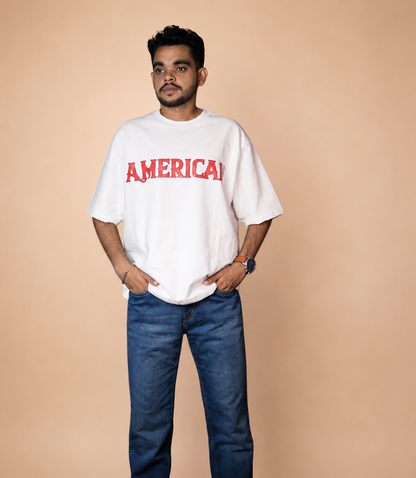American in White Printed Oversized T-Shirt