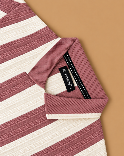 Rosy and Cream Line Pattern Polo T-Shirt