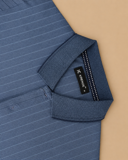 Denim blue Indigo Melange with thin grid line Jacquard Polo t-shirt