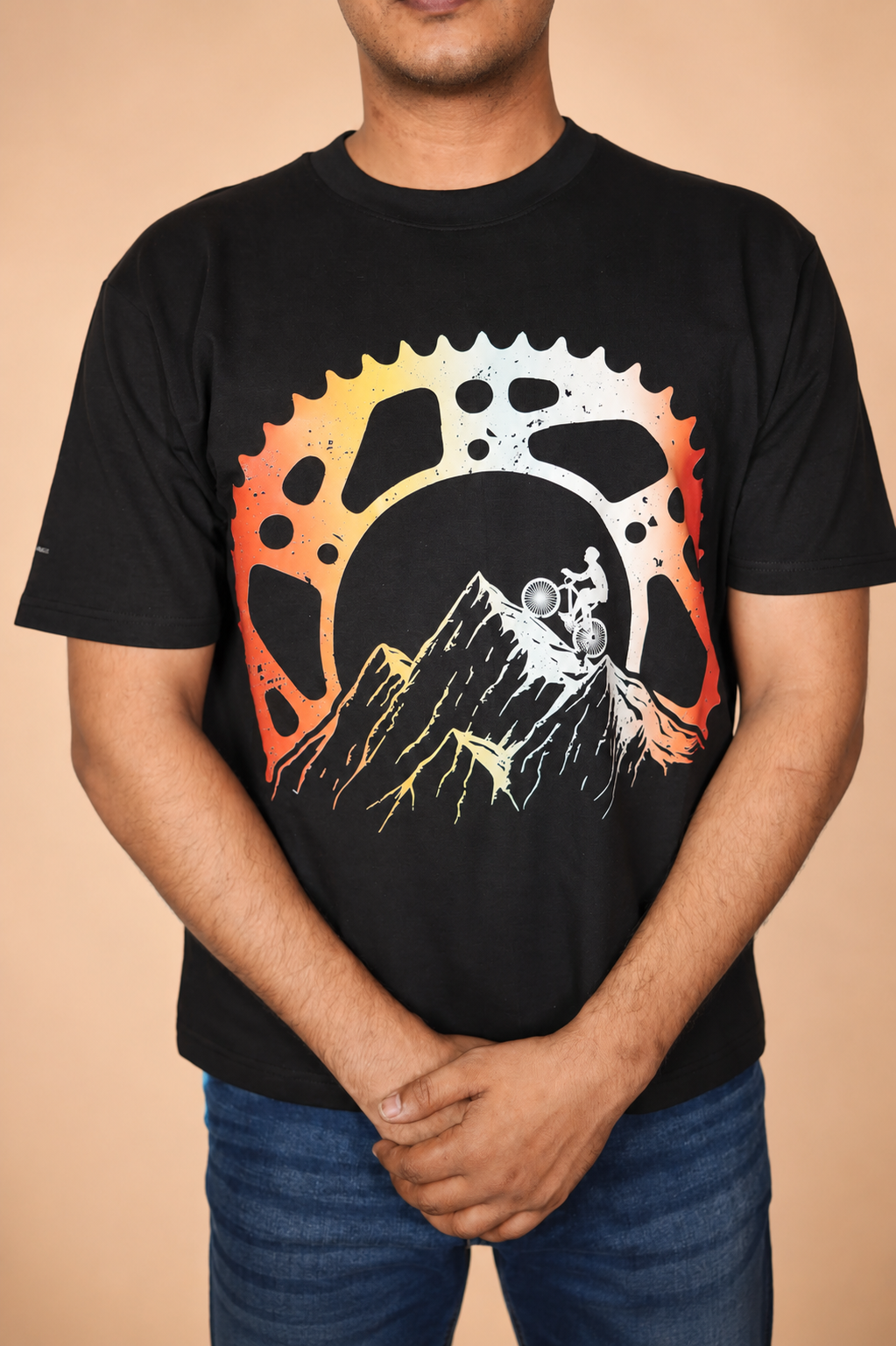 Bike on Mountain Black Printed Oversized T-Shirt