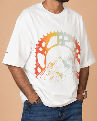Cycle in Mountain White Printed Oversized T-Shirt